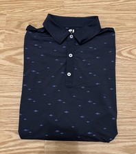 FootJoy Men's Large Navy Blue School of Fish Print Golf Shirt Polo Logo