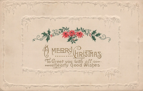 Herzhafte gute Weihnachtswünsche - geprägte Blumen geteilte Rückseite Vintage Postkarte