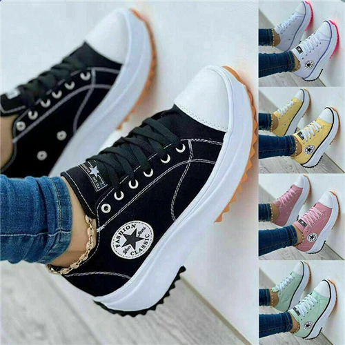 Ladies Trainers Canvas Womens Grip Platform Lace Up Casual Sole Sneakers  Shoes