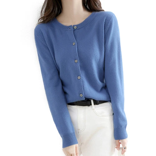 Women's Cashmere Blend Sweater Solid Color Crew Neck Button Cardigan Jacket Coat - Bild 8 von 23