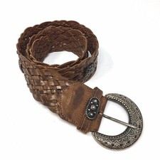 Vtg Brown Genuine Leather Woven Braided Belt With Conchos Womens M, EUC