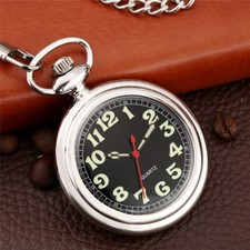 Silver Quartz Pocket Watch with Chain Arabic Number Luminous Dial Open Face Case