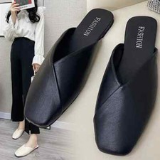 Women Summer Elegant Square Closed Toe Flat Slippers Female Shoes Casual Leather