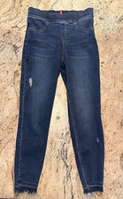 SPANX DISTRESSED ANKLE SKINNY Sz Medium Dark Wash Shaping Raw Hem Jeans EUC