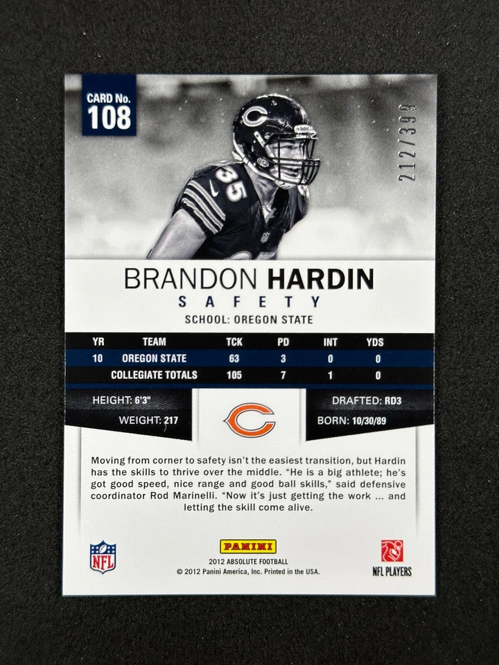 2012 Absolute Rookie #108 Brandon Hardin RC /399 Chicago Bears - Image 2 of 3