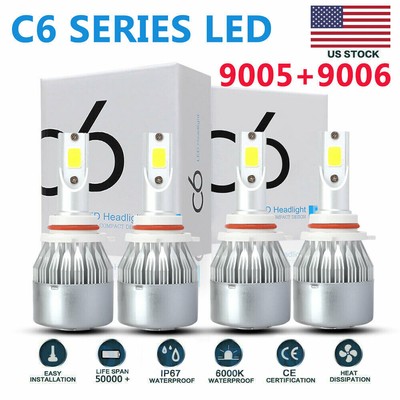 4x 9005 + 9006 Combo LED Headlight Kit 200W 40000LM Hi/Lo Beam Bulbs 6000K White