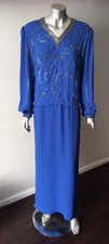  Beaded Embellished Crepe Vintage 90s Long Draped Slv Blue Button Back Dress L