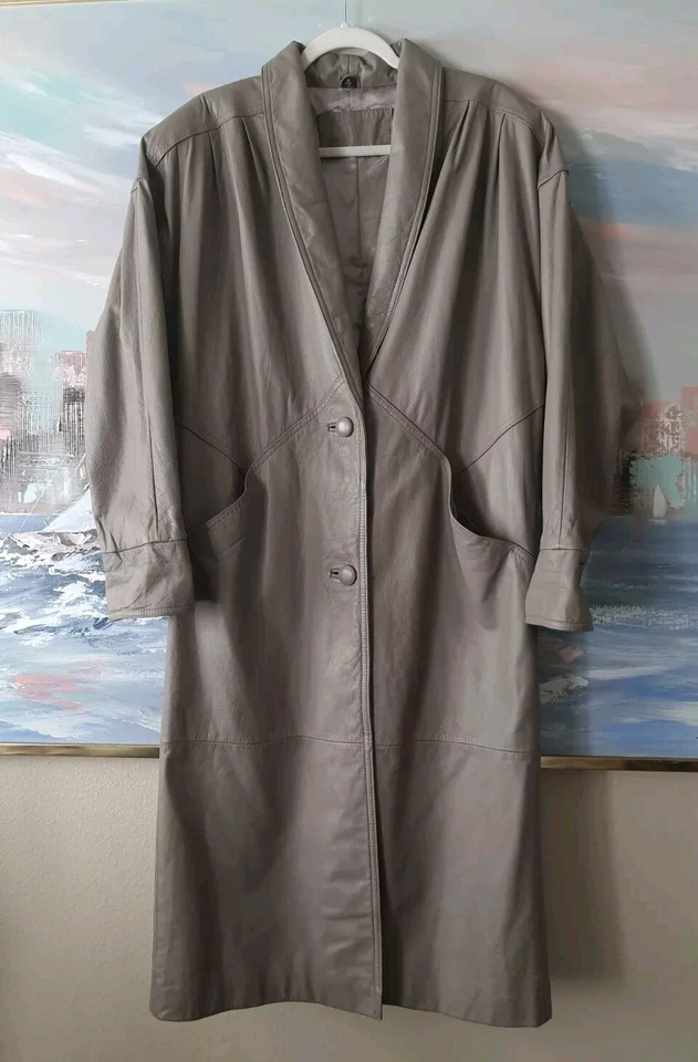 Vintage Jacqueline Ferrar M Beige Leather Trench Coat Oversized Slouch Structure