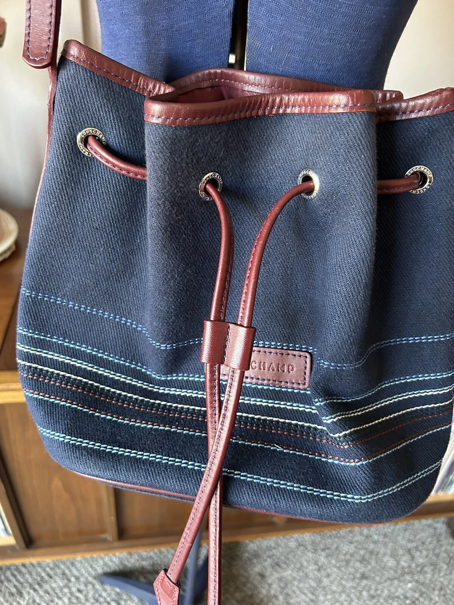 Longchamp Le Pliage Neo Bucket Canvas Bag Crossbody Navy w/Stripes EUC  France