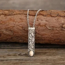 Vintage Simple Long Bar Carved Pendant Necklace Women Silver Plated Zinc Alloy