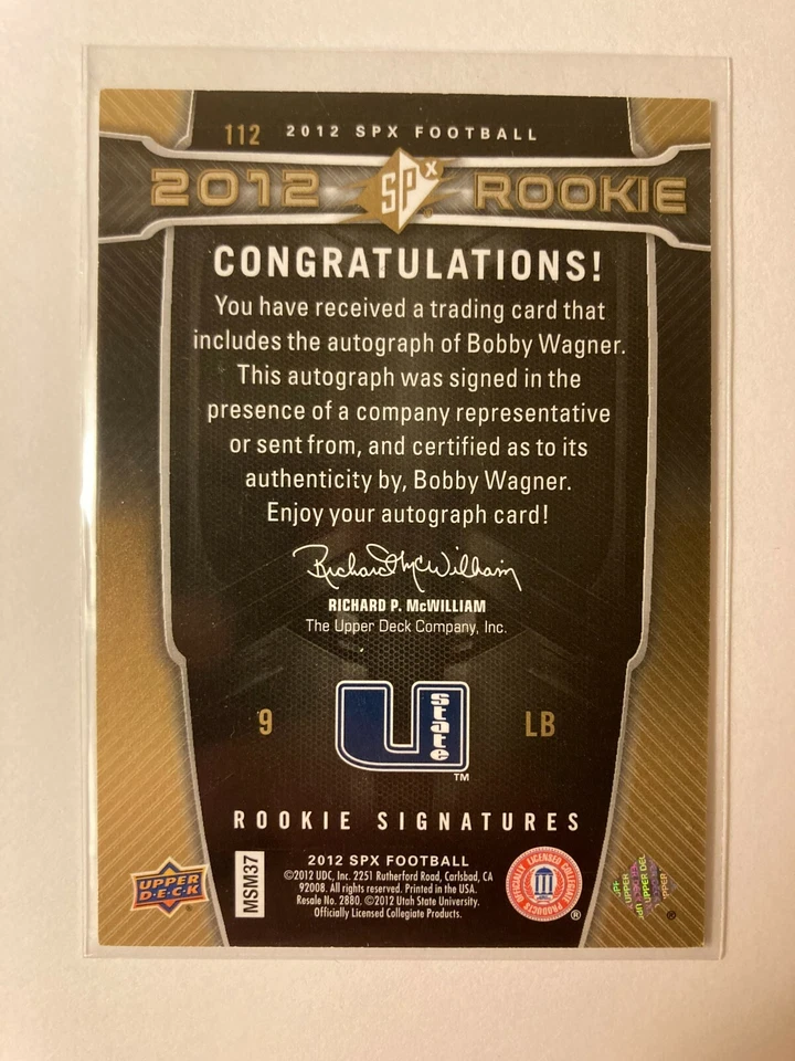 Bobby Wagner AUTO~RC # 225/225 Upper Deck SPX 2012 True Rookie Autograph SP #112 - Image 3 of 3