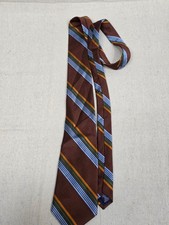 Paul Fredrick Mens Silk Necktie Brown Blue Orange Striped Hand Tailored USA Made