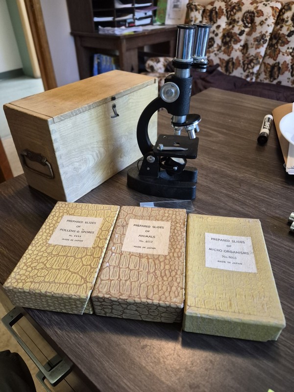 Vintage Made in Japan Student Microscope w/ Wood Case & 3 Prepared Slide Sets