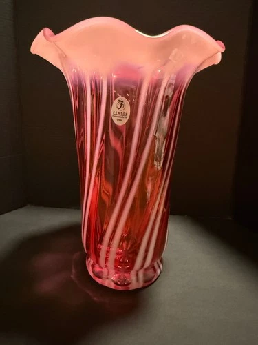 8" Crimped Vase Cranberry Opalescent by Fenton
