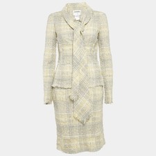 Chanel Yellow Grey Tweed Blazer Skirt Tie Set M