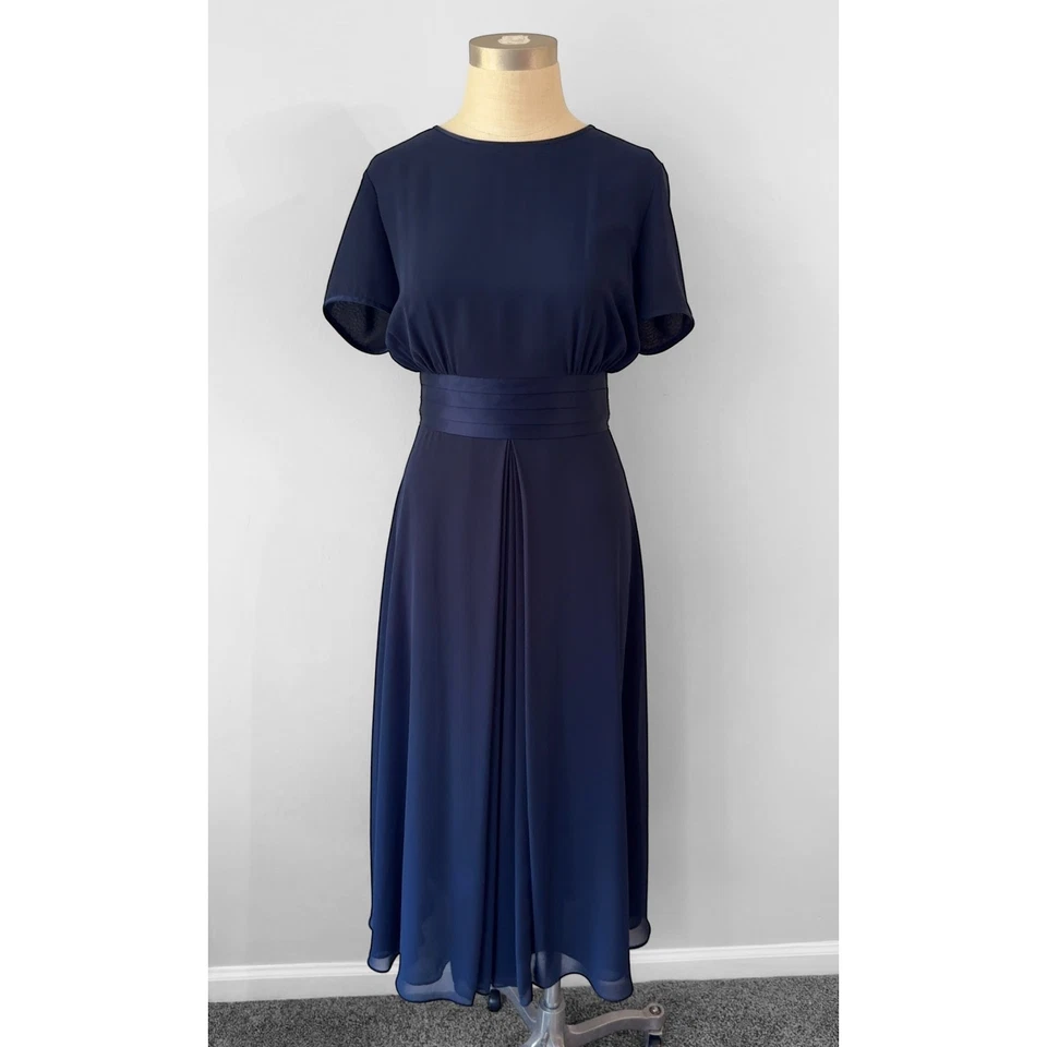 Talbots 80s 90s Vintage Navy Chiffon Cottagecore Bow Evening Midi Dress Size 4 - Image 3 of 4