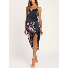 NWT Lulus Remarkable Entrance Navy Blue Floral Print Satin Midi Dress Large