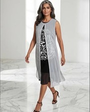 Elegant Women Size14 Dress Chiffon Top Layer Black White Chanel Look Flower Read