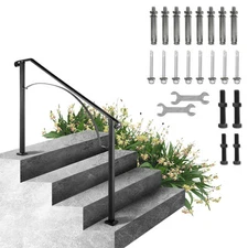 Uimoso Wrought Iron Handrail Fits 3 Steps Outdoor Stair Railing Matte Black