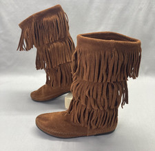 Minnetonka Womens Boots Size 8 Brown Suede Fringe Tall Moc Pull On