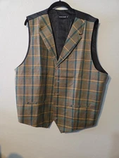 Barry Wang 2XL window pane Tan, Green, Gold plaid waistcoat or vest
