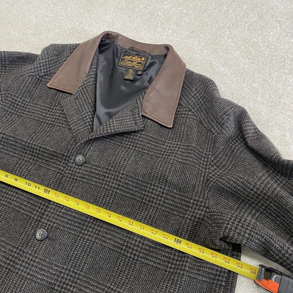 Eddie Bauer Wool Tweed Glen Plaid Leather Collar Overcoat Trench Coat Mens XXL - Image 4 of 4