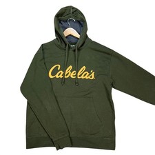 Cabela's Hoodie Mens Medium Green Sweatshirt Classic Logo Pullover Fleece EUC