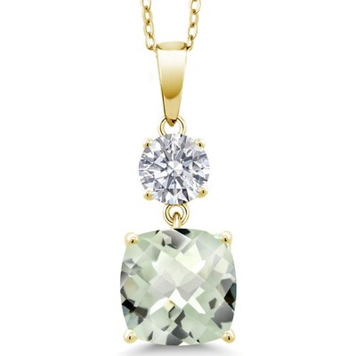 4.49 Ct Cushion  Green Prasiolite and Lab Grown Diamond 18K Yellow Gold Plated