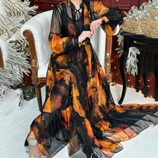 Fashion Retro Print Floral Long Dress Summer New Womens Mesh Long Holiday Dress