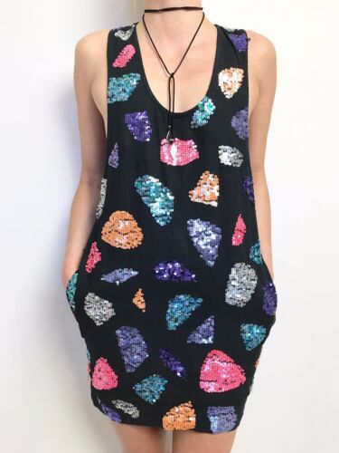 Shakuhachi womens mini dress size 6 sleeveless colourful sequin  with pockets - Picture 1 of 4
