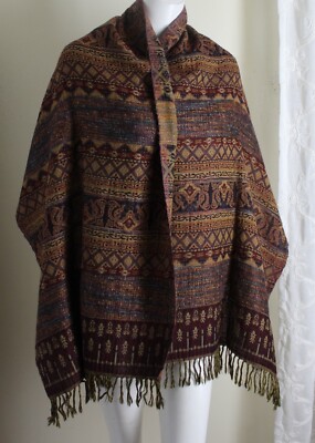 New Chico's Brown Southwest Funky Woven Fine Wool Huge Shawl Scarf Wrap 79x22