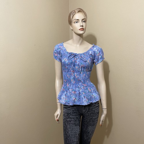 Women’s Blue Floral Cotton Casual Summer Stretch Pleated Lace Size S Blouse Top - Picture 2 of 12