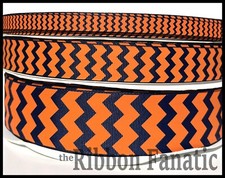 3 yds 3/8" or 7/8" or 1.5" Navy Blue  Orange Chevron Grosgrain Ribbon