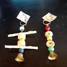 Small caged bird toys lot of 2 Parrakeet Lovebird Beards Bells Wood Chain hangin