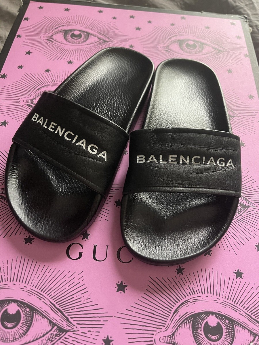 balenciaga logo leather slides