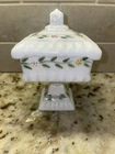Vintage Milk Glass Wedding Cake Trinket Box Handpainted Flowers Pedestal Lid Jar