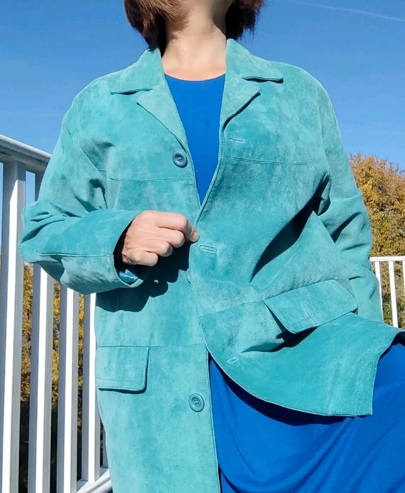 🎁 Abrigo Chaqueta Blazer De Colección Para Mujer Cuero Gamuza Real Mediano Azul Teal Elegante  Foto 2 de 4