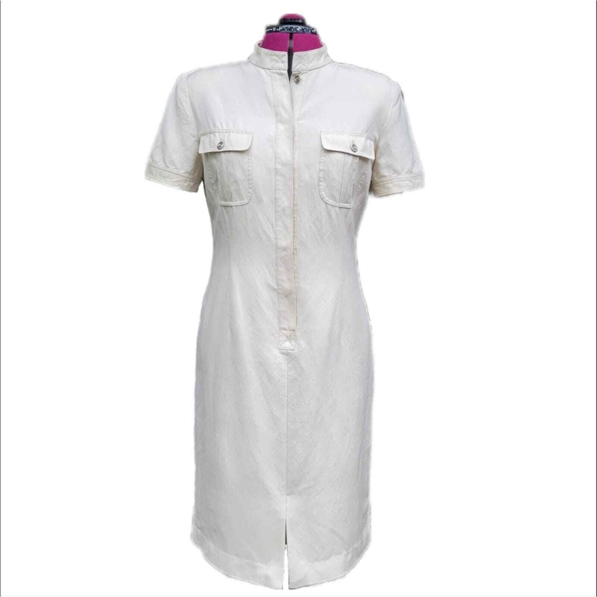 adrianna papell shirt dresses Adrianna Papell Ivory Linen Blend Midi Safari Utility Shirt Dress sz 10