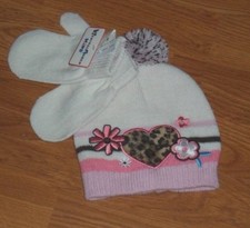 WEATHER GUARD TODDLER GIRL'S HAT  MITTEN SET WHITE PINK SIZE 12-24 MO. STRETCH