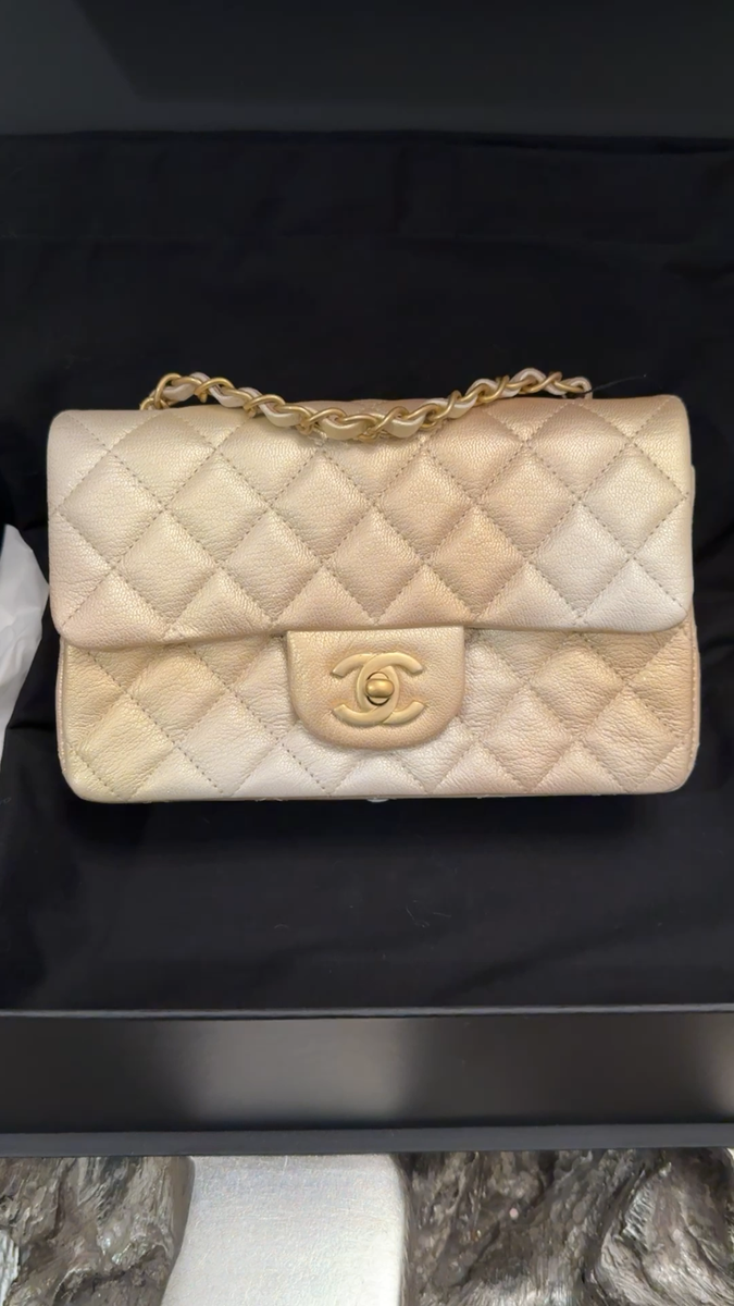 CHANEL Beige Mini Flap Bag Iridescent Cloudy Goatskin Metallic