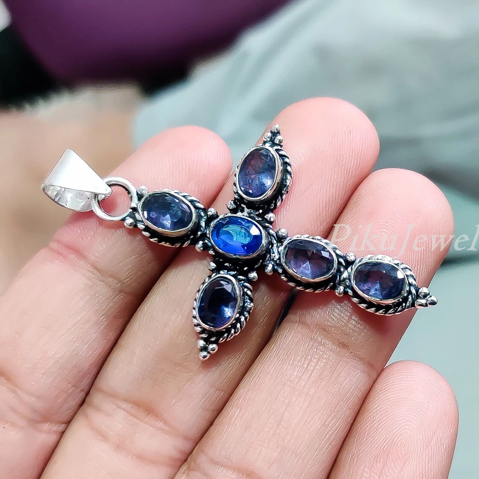 Ciondolo croce in argento sterling 925 con ametista sfaccettata e tanzanite... - Immagine 2 di 4