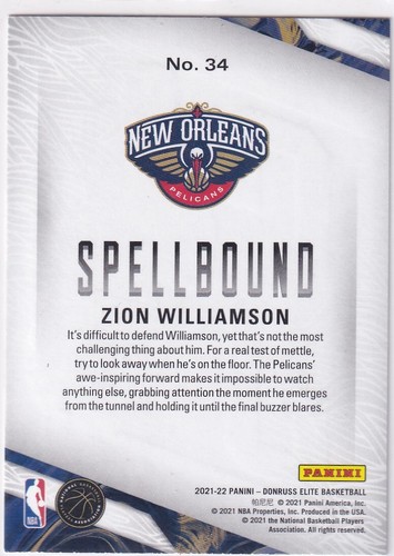 2021-22 Donruss Elite NBA No. Panini 34 Zion Williamson Spellbound "S" - Picture 2 of 2