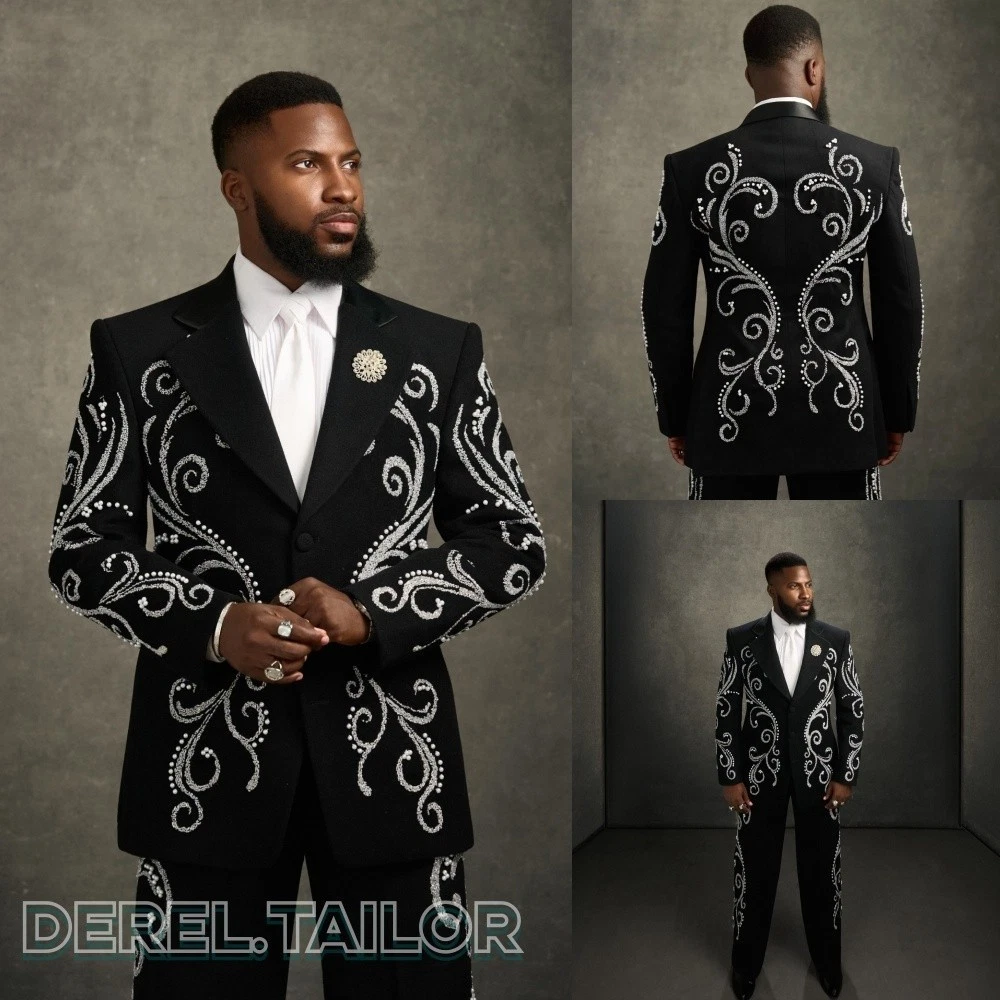 Embroidery Men Suit 2Pcs Tuxedo Suit Wedding Prom Party Formal Jacket Pants