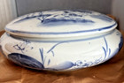 VTG LARGE CHINESE COVERED BOWL-BLUE AND WHITE LOTUS AND DUCK-HAND PAINTED — photo 2