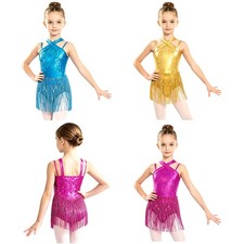 Kids Girls Bodysuit Stage Performance Dancewear Sequins Leotard Metallic Rumba