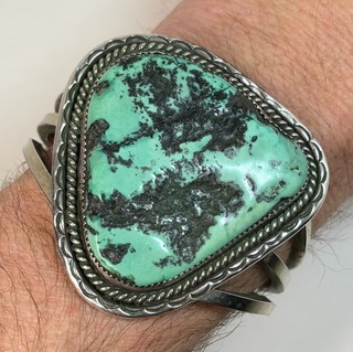 Vintage Old Pawn Navajo Sterling Silver Turquoise & Steel Cuff Bracelet 6 3/8”