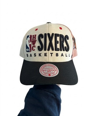 Mitchell & Ness Philadelphia 76ers Snapback Hat Pro Crown Fit Cream Black Cap