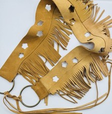 Vintage Brown Suede Leather Fringe Belt Daisy Flower Cutouts 36  Gold Ring Tie