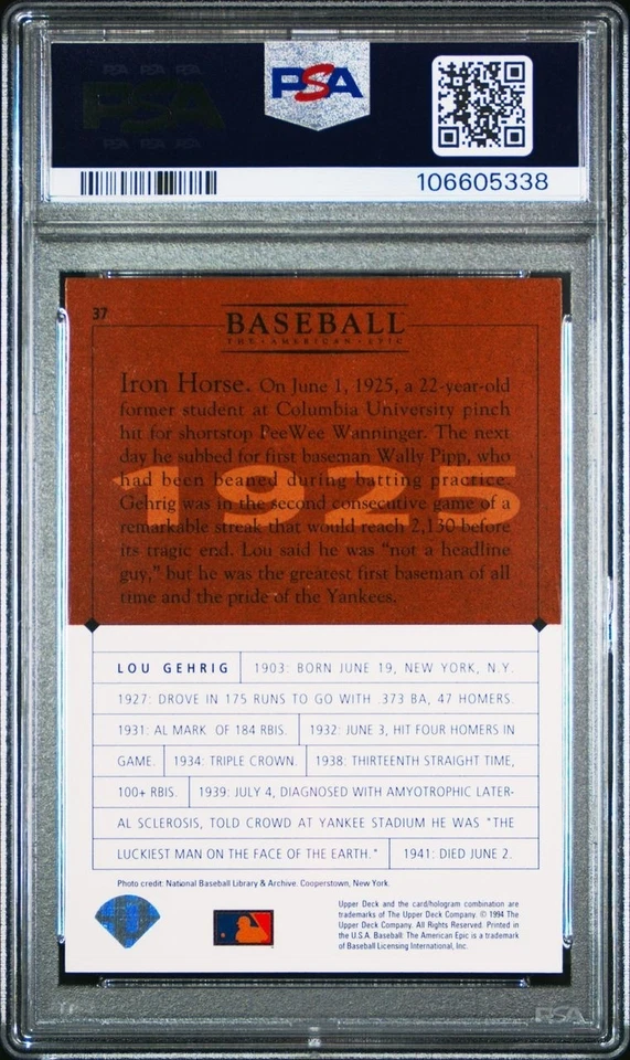 Lou Gehrig 1994 Upper Deck Ken Burns American Epic #37 PSA 9 Mint HOF Yankees - Image 2 of 2