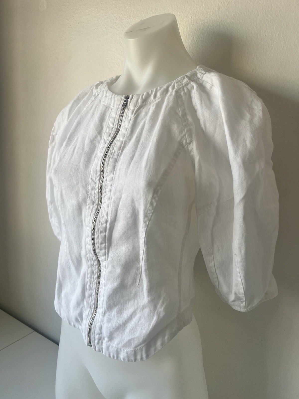Oroton Top Women 6 White 100percent Linen Puff Sleeve Front Zip Blouse RRP $349 image 2